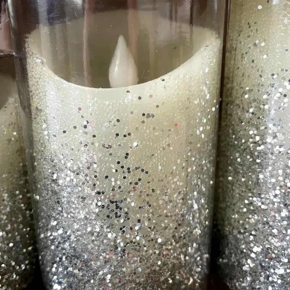 Set of 3 Silver Glitter Flameless LED Candles Battery Operated Holiday Decor NEW